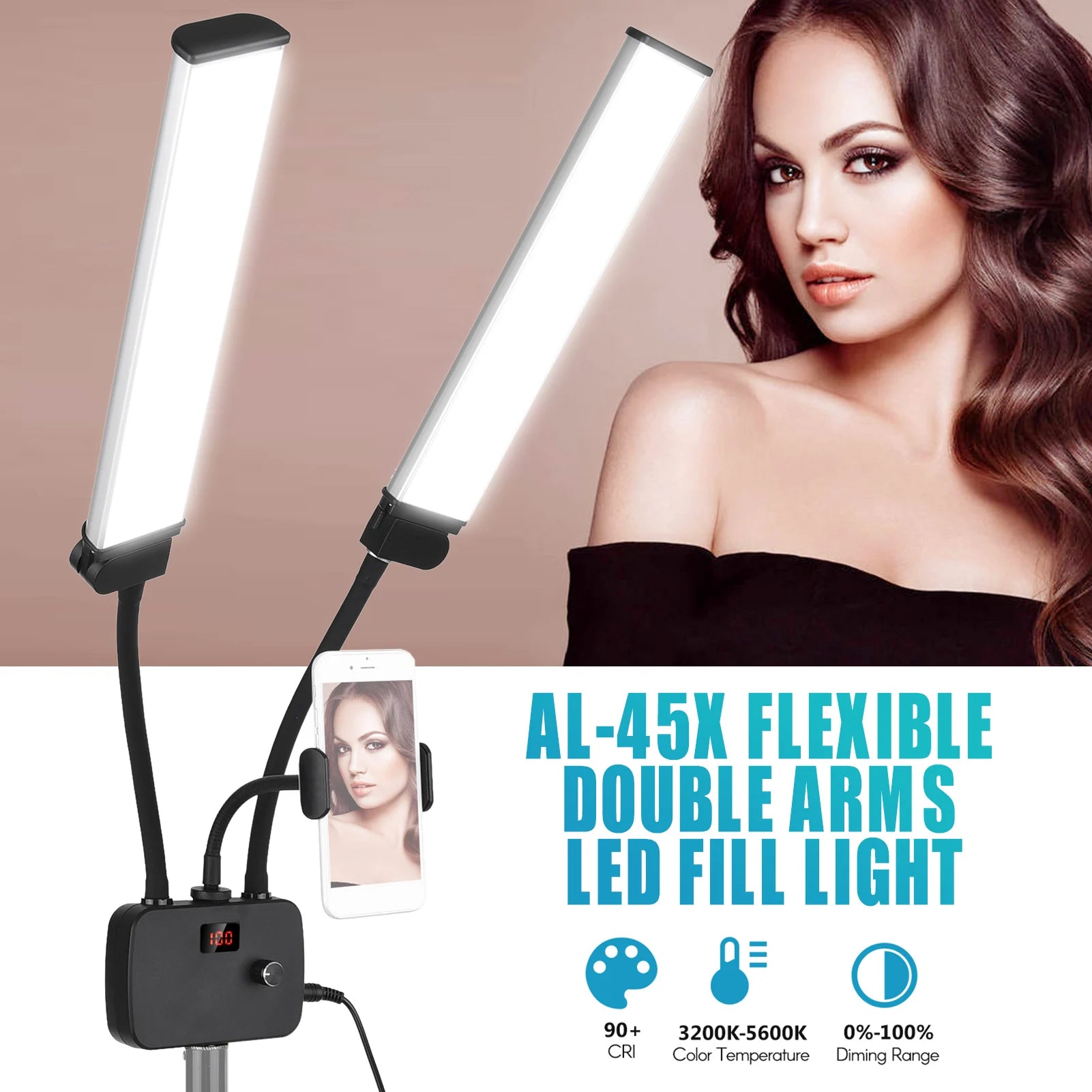 3 Modos de Iluminación con Soporte para Teléfono, Brazos Dobles Flexibles, Luz de Relleno LED Bicolor, Luz de Video LED Regulable para Transmisión en Vivo
