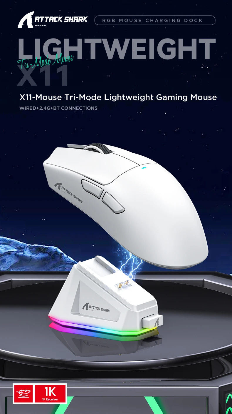 Ratón inalámbrico Bluetooth Attack Shark X11, tres modos, 2,4G, PAW3311, RGB, base de carga magnética para PC, ratón para juegos de deportes electrónicos