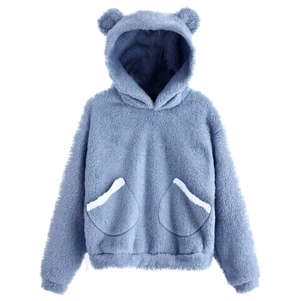 Otoño Invierno mujer manga larga suéter sudaderas con capucha Casual cómodo Color sólido pequeño oso sombrero abrigo prendas de vestir femeninas sueltas