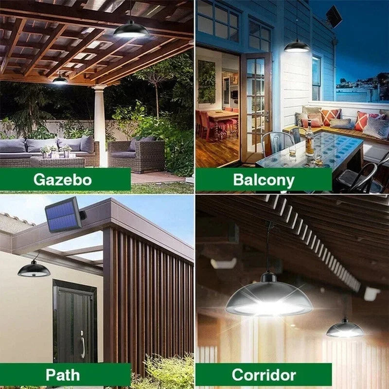Lámpara solar para exteriores, lámpara LED impermeable, decoraciones de luz colgante de doble cabeza con control remoto para cobertizo interior, granero Roo