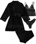 Conjunto Pijama de Satén 4 Piezas con Bata - Top con Encaje para Mujer