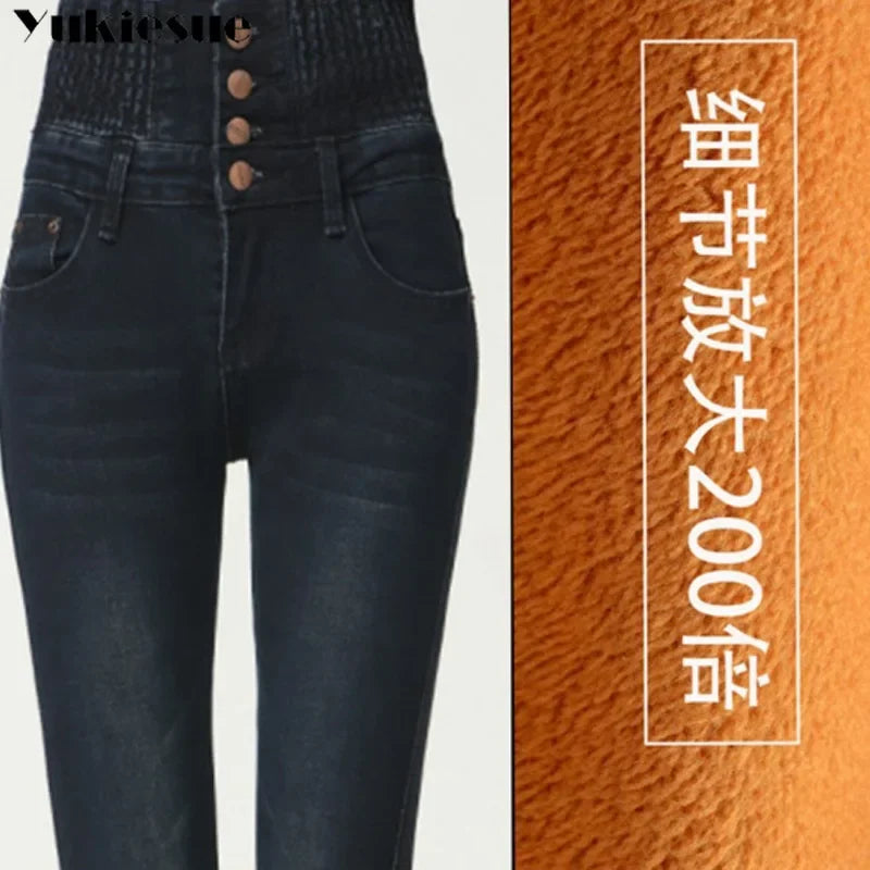 Pantalones Vaqueros Cálidos de Lana para Mujer, Cintura Alta con Forro de Terciopelo