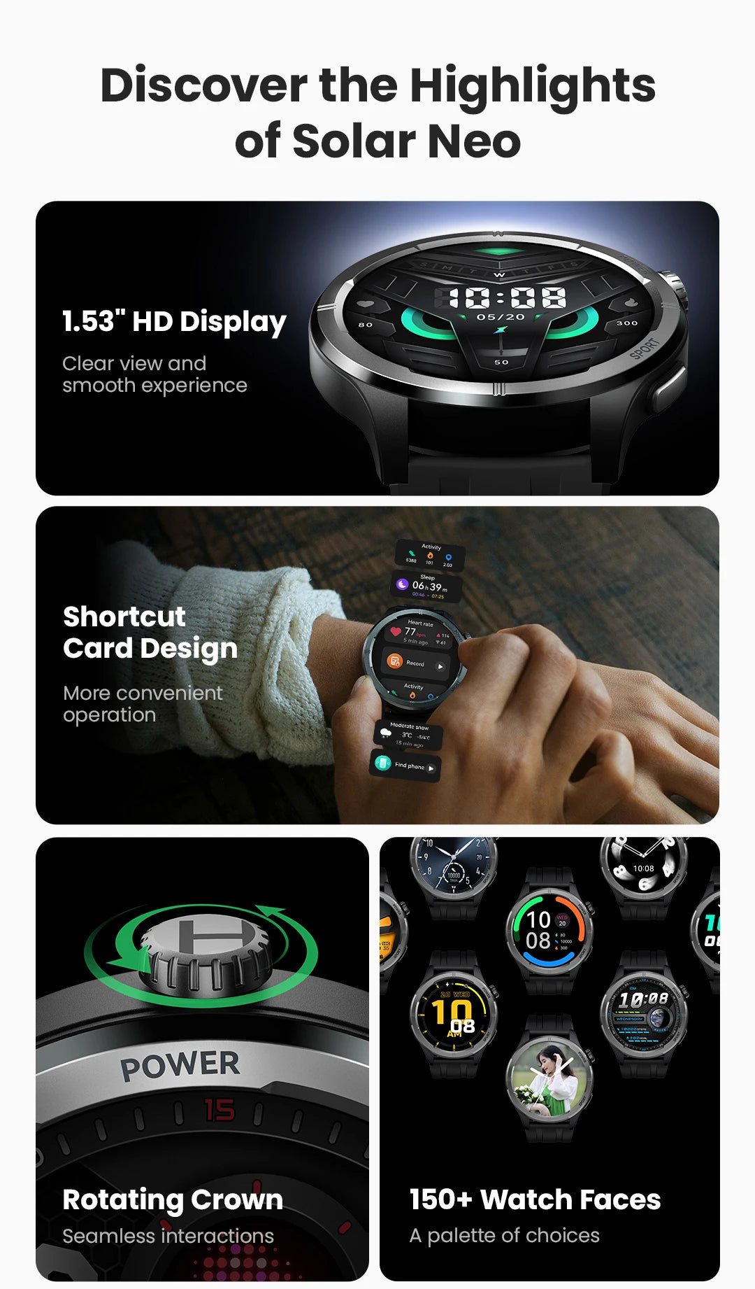 Reloj Inteligente Solar Neo con Pantalla HD, Control de Salud 24H y Llamadas