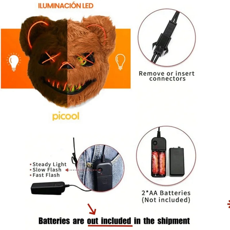 Máscara luminosa de animales con luz LED, disfraz de Halloween, fiesta de carnaval, maquillaje, máscara facial, accesorios para sombreros de piel de felpa de animales aterradores