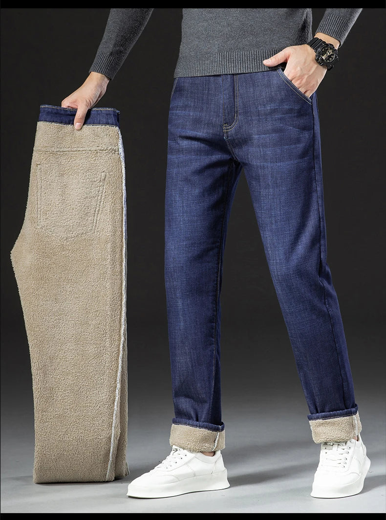 Pantalones Vaqueros de Invierno para Hombre, Forro de Cordero, Talla Grande