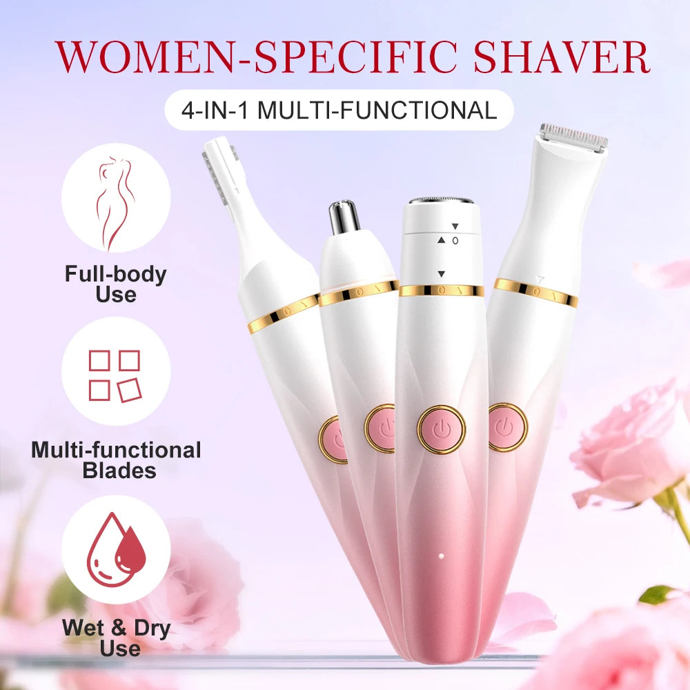 Maquinillas de afeitar eléctricas 4 en 1 para mujer, recortadora de vello recargable, portátil, para rostro, cuerpo, bikini, nariz, cejas, uso en seco y húmedo