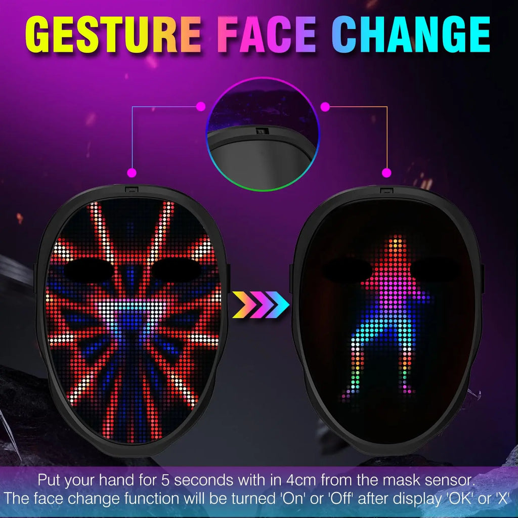 Máscara con luz LED para fiesta, detección de gestos, pantalla inteligente, máscaras faciales LED, programable, Control por aplicación Bluetooth, máscara transformadora