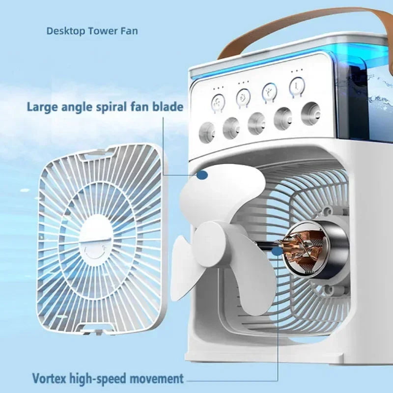 Ventilador 3 en 1 con Humidificador, Luz LED y Enfriamiento de Aire