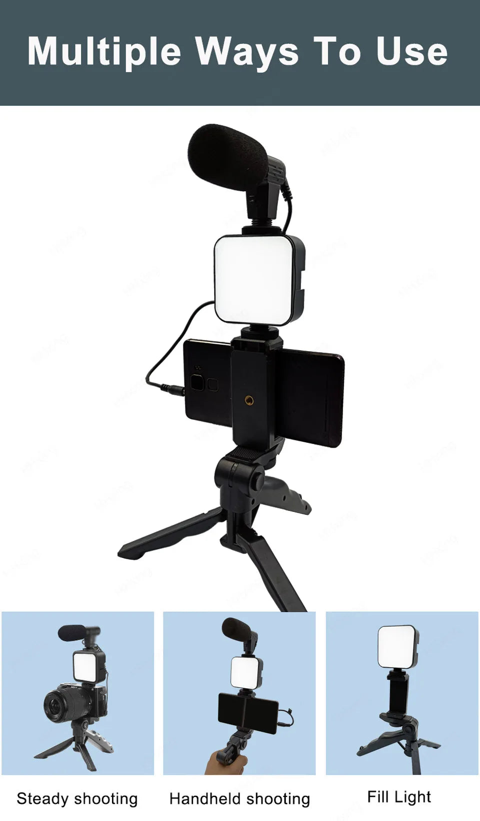 Soporte para teléfono móvil, iluminación de fotografía, Kit de vídeo para Smartphone, micrófono LED, trípode para Selfie, mango de grabación, soporte estabilizador portátil