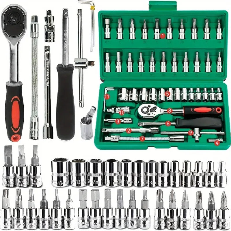 Juego de llaves de vaso de 46 piezas para kit de reparación de automóviles - Juego de llaves de trinquete pequeñas de 1/4 para mantenimiento de ferretería doméstica