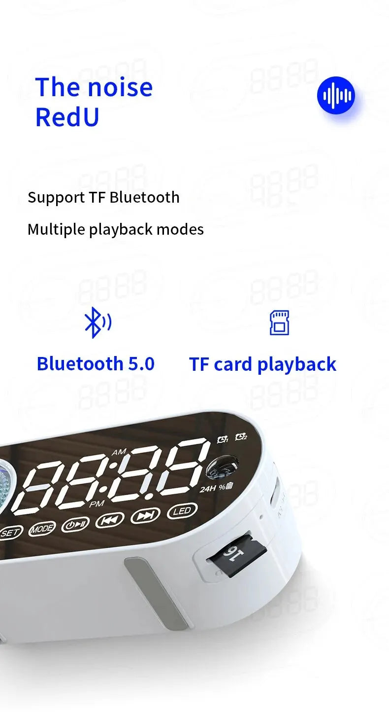 Radio Reloj Despertador Recargable USB, Altavoz Bluetooth Portátil RGB, FM, Pantalla Grande, Silencioso, Espejo Digital, para Dormitorio, Oficina, Escritorio