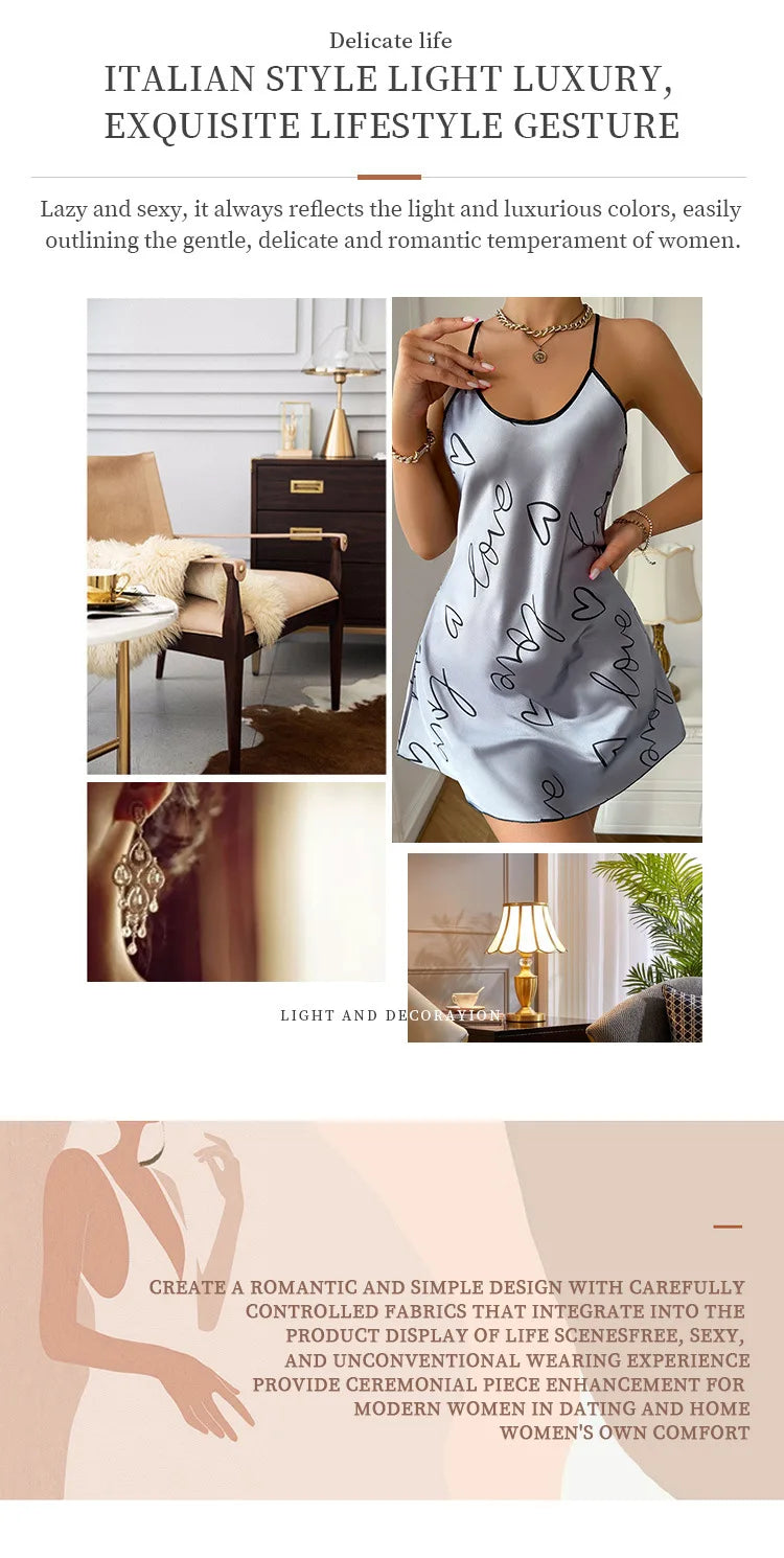 Camisón con estampado de corazón Vestido de dormir elegante con cuello redondo y espalda cruzada Ropa de dormir para mujer