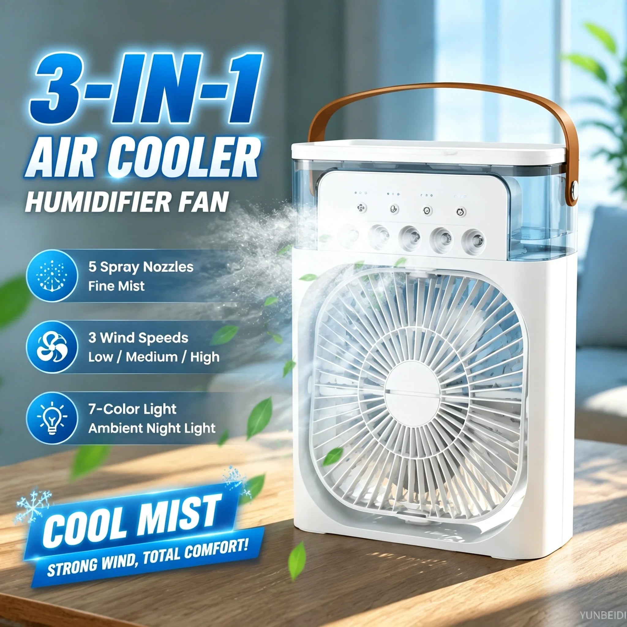Ventilador 3 en 1 Portátil con Luz LED y Humidificador