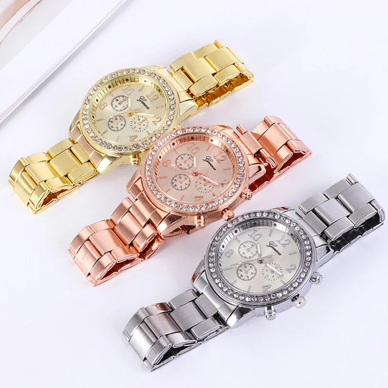 Reloj dorado para mujer Geneva, reloj clásico de acero inoxidable para mujer, relojes de cuarzo con diamantes de imitación a la moda, reloj de pulsera para mujer y niña