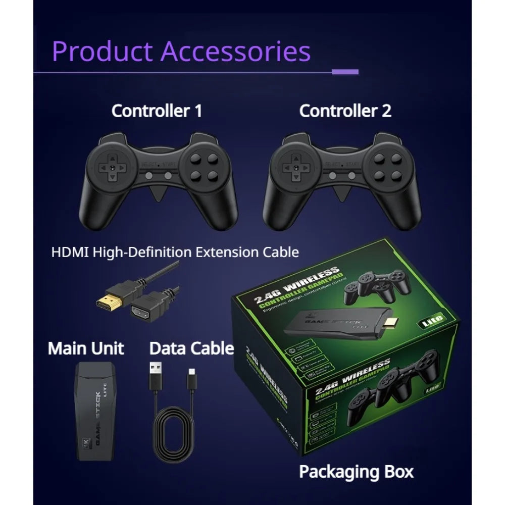 Consola de Videojuegos Retro 4K HD Game Stick Lite con Dos Controles Inalámbricos 2.4G, Plug & Play, con Juegos Clásicos Integrados
