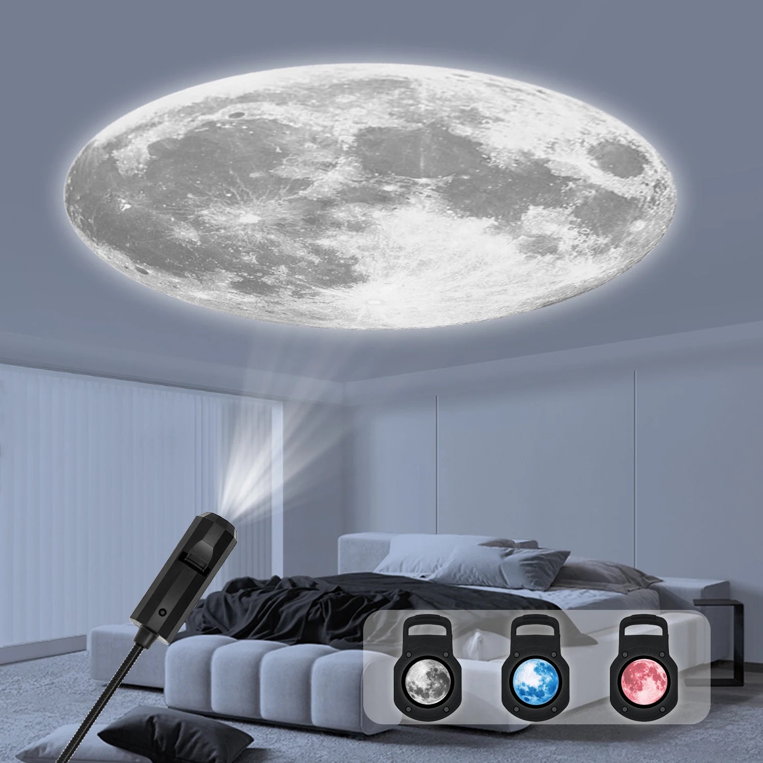 Luz de atmósfera intercambiable en la luna de tres colores, luz de proyección de cielo estrellado LED, luz electrónica con interfaz USB