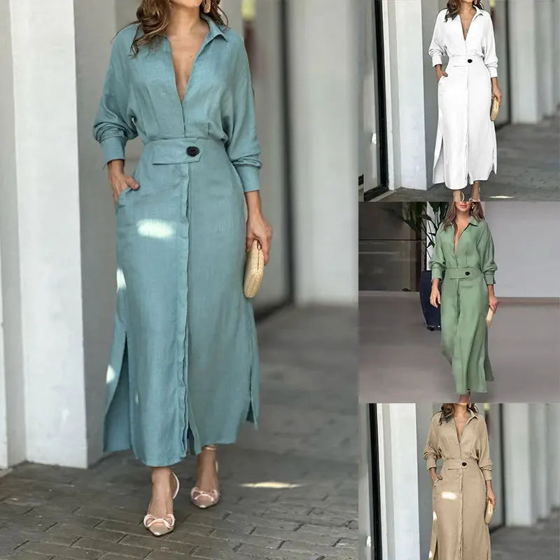 Primavera Verano mujer vestido de talla grande blanco Casual cuello pico solapa camisa de manga larga Maxi vestidos mujer bolsillo fiesta vestido largo