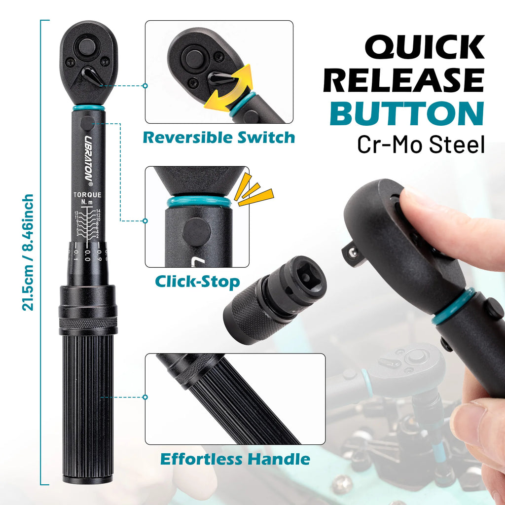 Llave dinamométrica para bicicleta de 1/4 ", 2-14Nm, 21 Uds., juego de llaves dinamométricas para bicicleta, llave de tubo con broca de impacto, Kit de reparación de trinquete para motocicleta y bicicleta