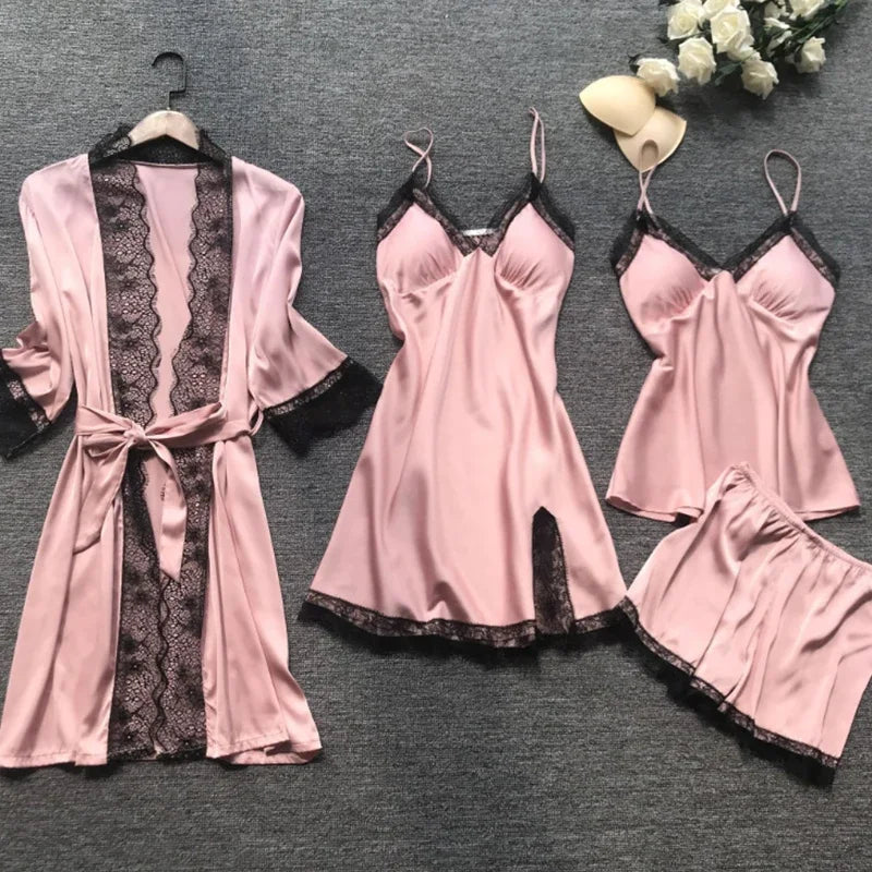 Pijama Set 4 Piezas de Encaje con Escote en V y Almohadillas
