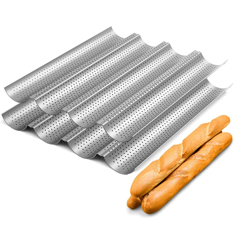 LMETJMA Pan para hornear pan francés perforado antiadherente, sartén Baguette de acero al carbono, pan francés, 4 pan ondulados, molde para hornear pan JT158