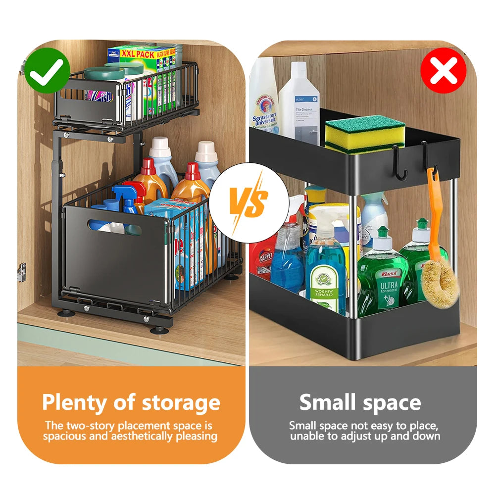 Organizador de gabinete extraíble de 2 niveles, estante de almacenamiento de cocina ajustable, organizador debajo del fregadero, estante de almacenamiento para tarros de especias, cajón deslizante