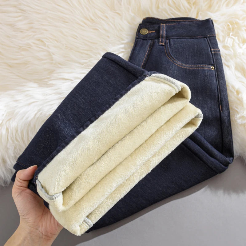 Pantalones Vaqueros Y2K con Forro Polar de Pierna Ancha