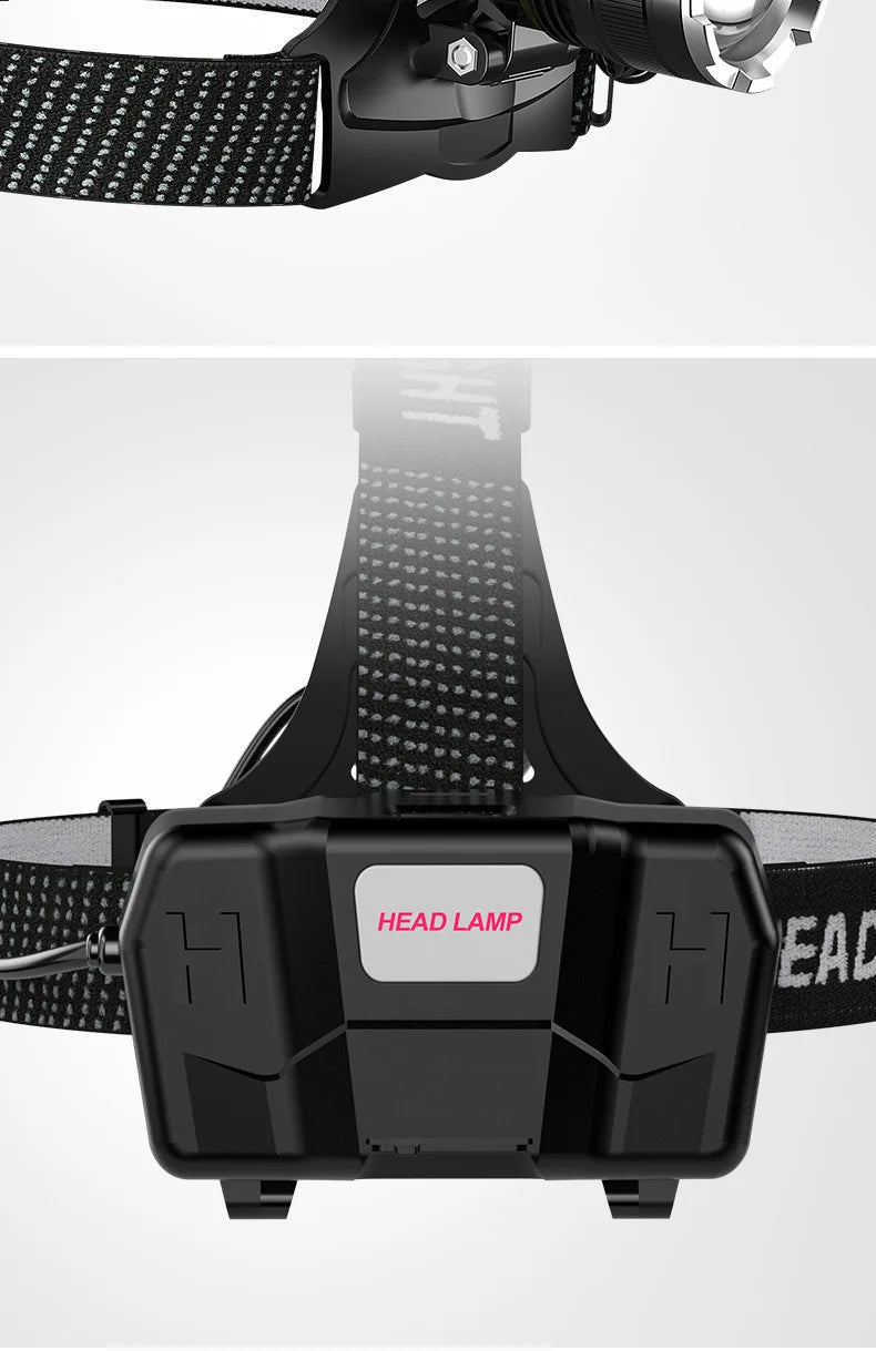 Linterna Frontal LED Recargable 2x18650 con Zoom, para Pesca y Camping