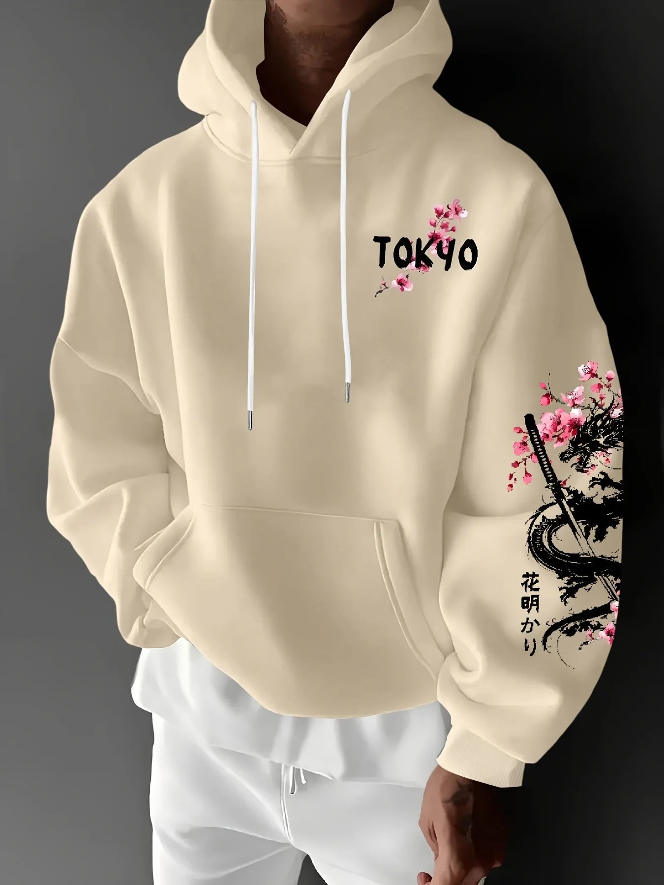 Hoodie Anime Estampado Dragón y Flores de Cerezo | Hombre