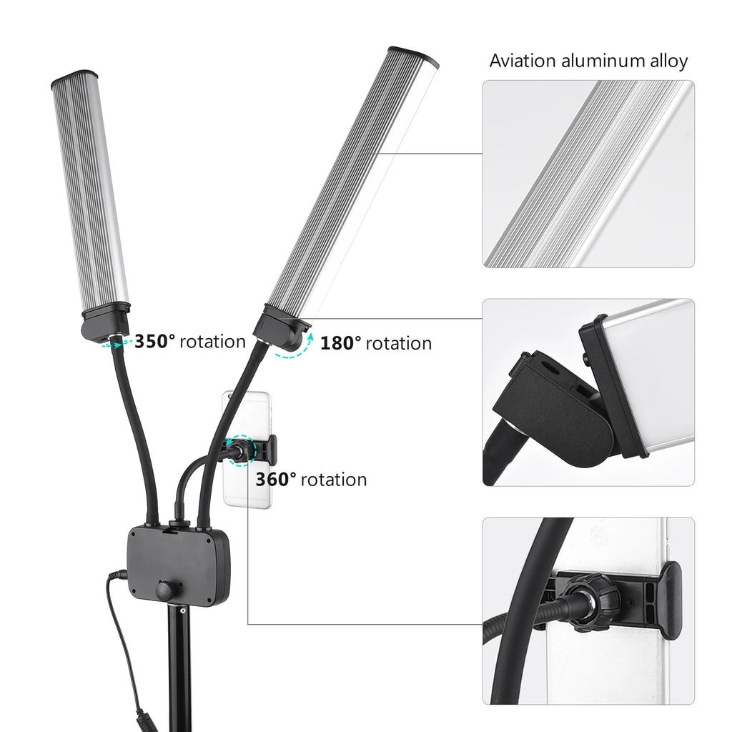 3 Modos de Iluminación con Soporte para Teléfono, Brazos Dobles Flexibles, Luz de Relleno LED Bicolor, Luz de Video LED Regulable para Transmisión en Vivo