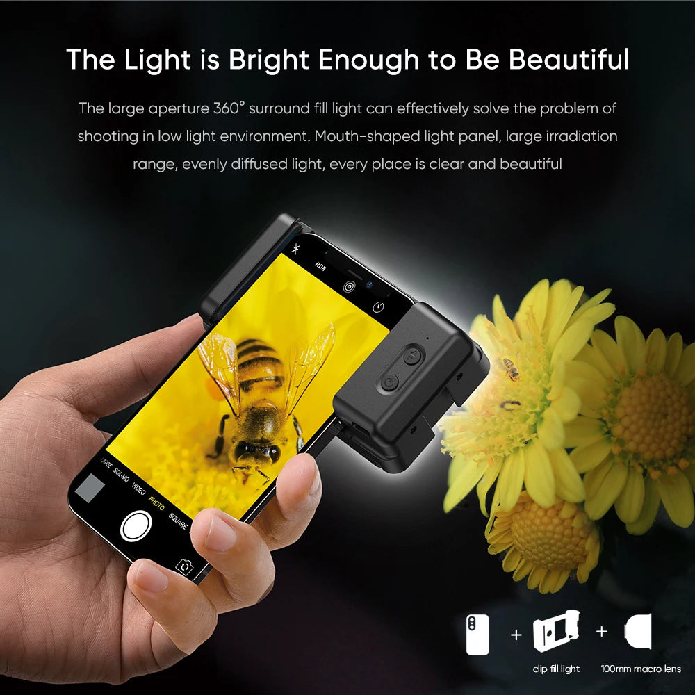 Lente Macro 4K HD 100mm APEXEL con Luz LED para Smartphone