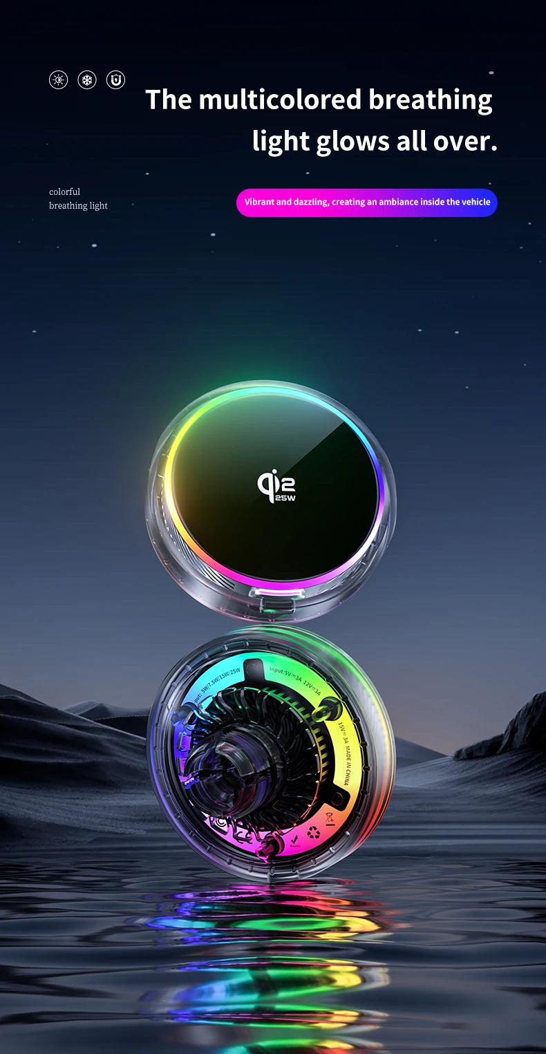Soporte Magnético para Teléfono con Cargador Inalámbrico Qi2 de 25W, Refrigeración por Aire y Luz RGB, para iPhone Magsafe 17~12 Pro Max, Base de Carga Rápida