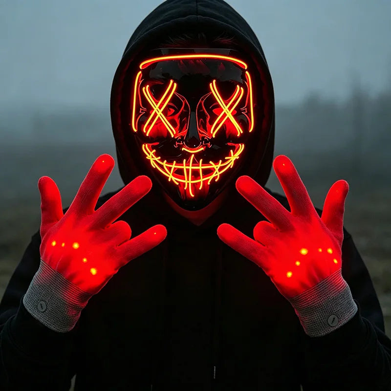 Máscara LED inalámbrica de neón y guantes de fibra óptica, máscara brillante en la oscuridad para Halloween, carnaval, cosplay, bar, fiesta de cumpleaños