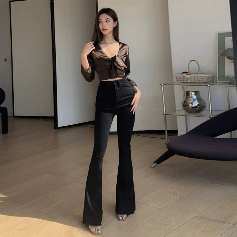 Pantalones Vaqueros Acampanados de Cintura Alta con Forro Polar para Mujer, Talla Grande