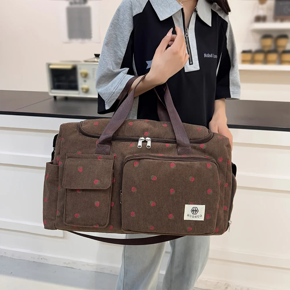 Bolsa de viaje de fresa, bolsa de equipaje de pana de gran capacidad, bolso cruzado ligero, bolsa deportiva y de fitness multifuncional