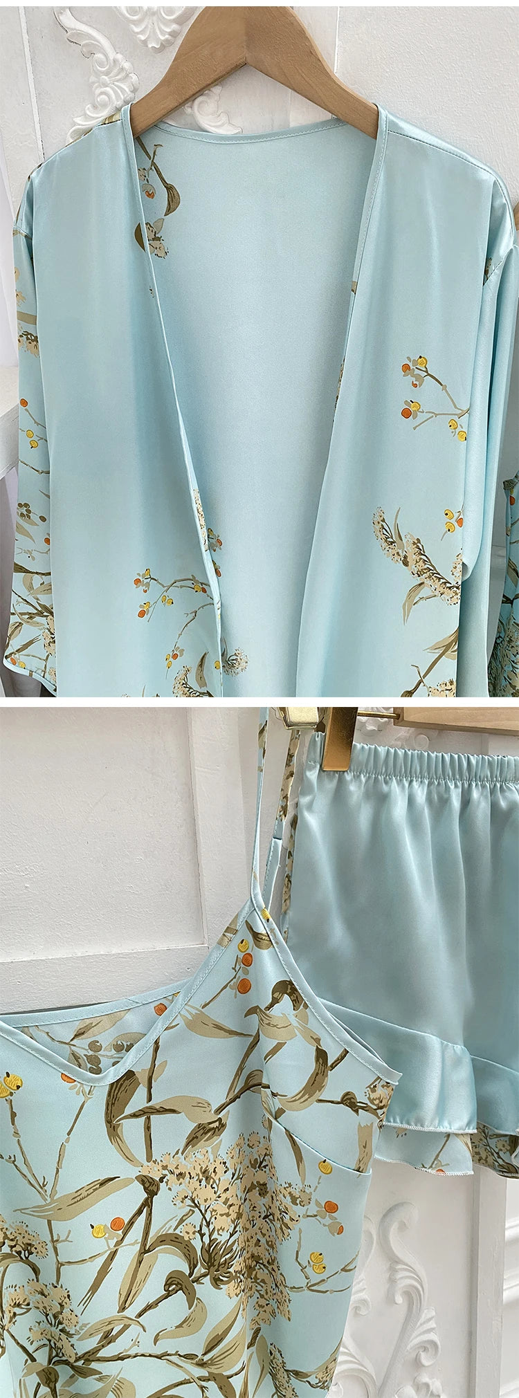 Pijama de Satén 4 Piezas para Mujer | Bata, Camisón y Conjunto