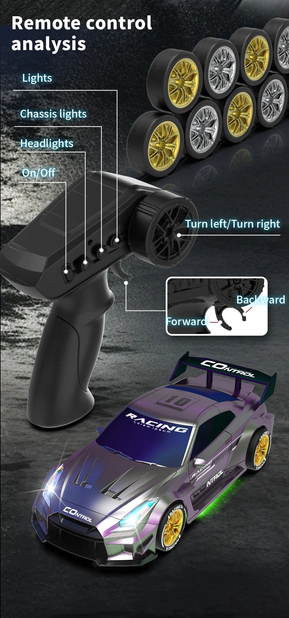 Mini Coche RC de Drift, 2.4G 4WD, Alta Velocidad con Luces LED