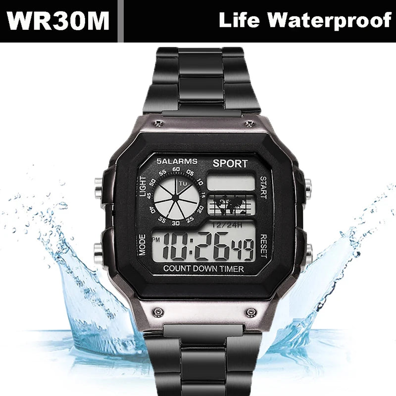 Reloj Digital YIKAZE para hombre, correa de acero inoxidable, relojes deportivos con cuenta atrás, reloj de pulsera electrónico Led resistente al agua para regalo de hombre