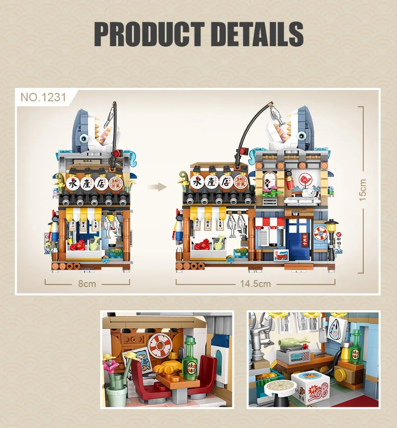 Bloques de Construcción LOZ-1219 Snack Street, Modelo DIY de Tienda de Té con Leche y Takoyaki, Decoración de Escritorio, Regalo Coleccionable para Adultos, Cumpleaños, Festividades