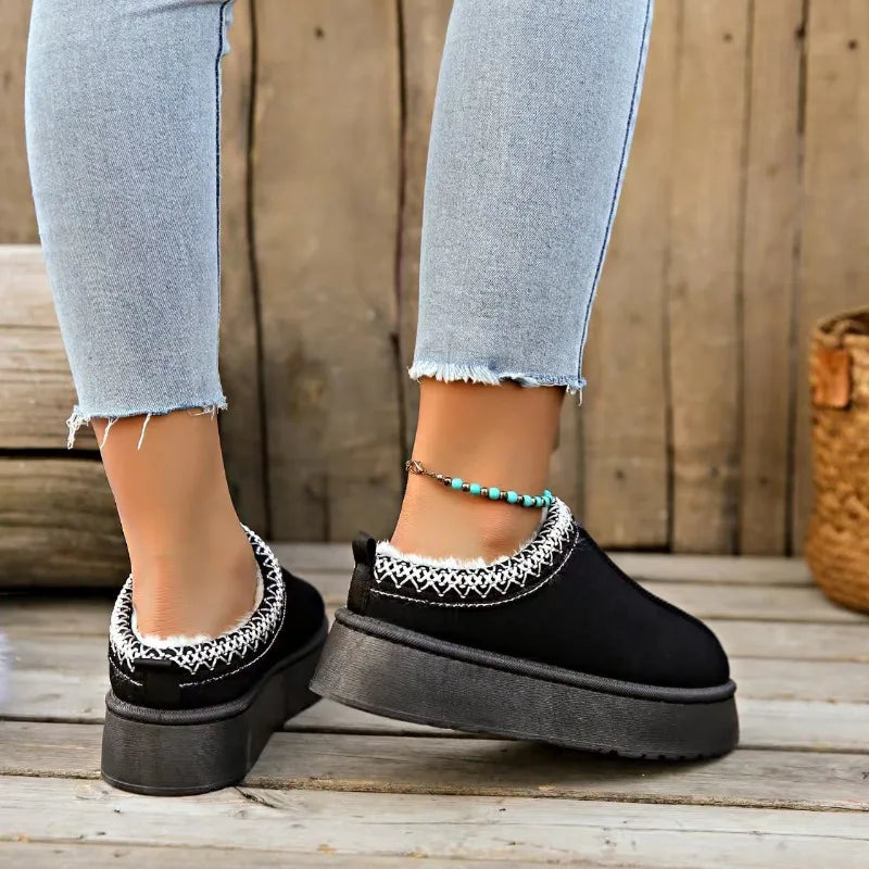 Zuecos de plataforma unisex con ribete étnico y forro de piel sintética