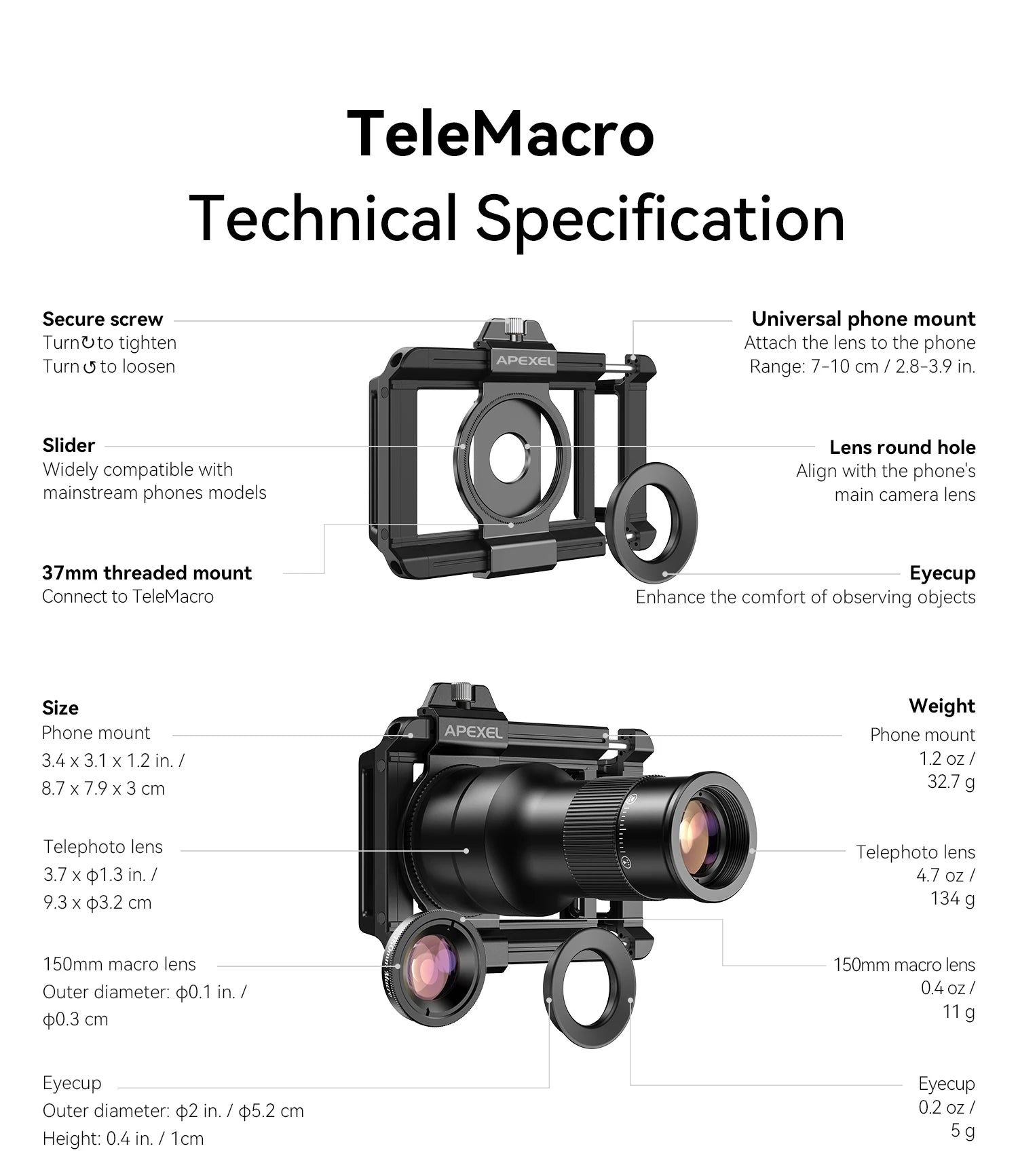 Lente Teleobjetivo 2 en 1 APEXEL 6x con Macro para Smartphone