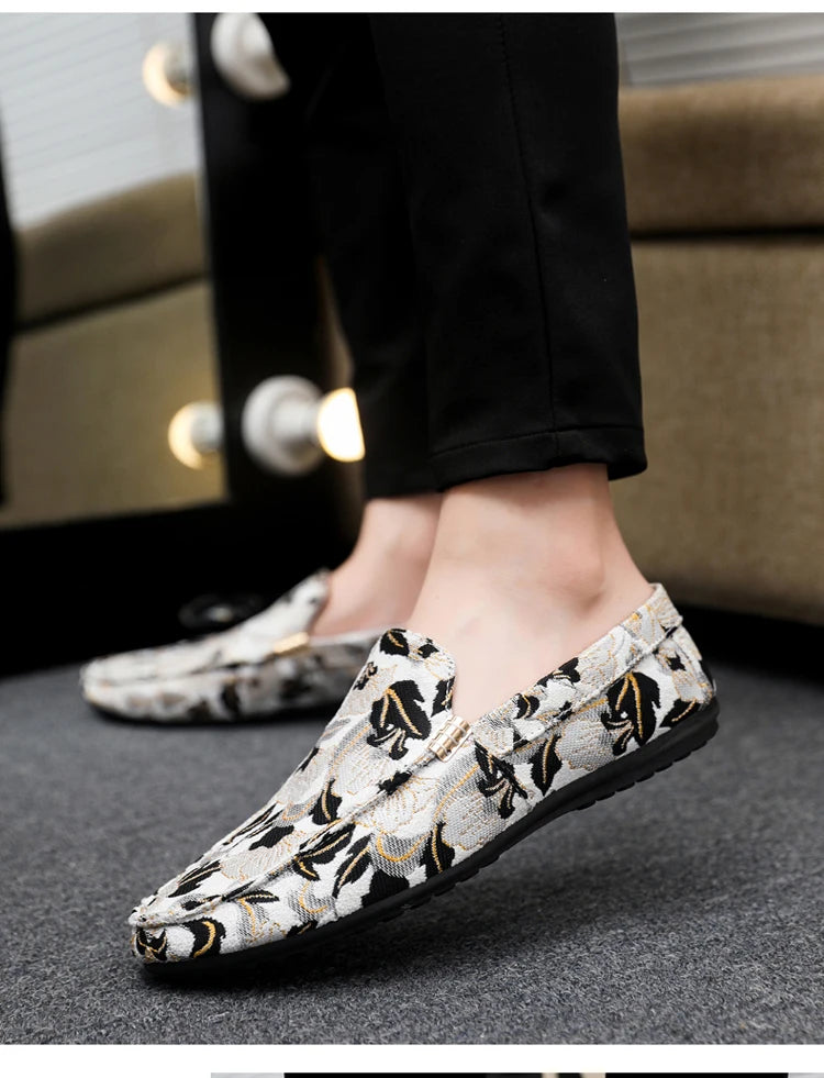 Zapatos Casuales Florales para Hombre | Estilo Mocasín Azul y Blanco