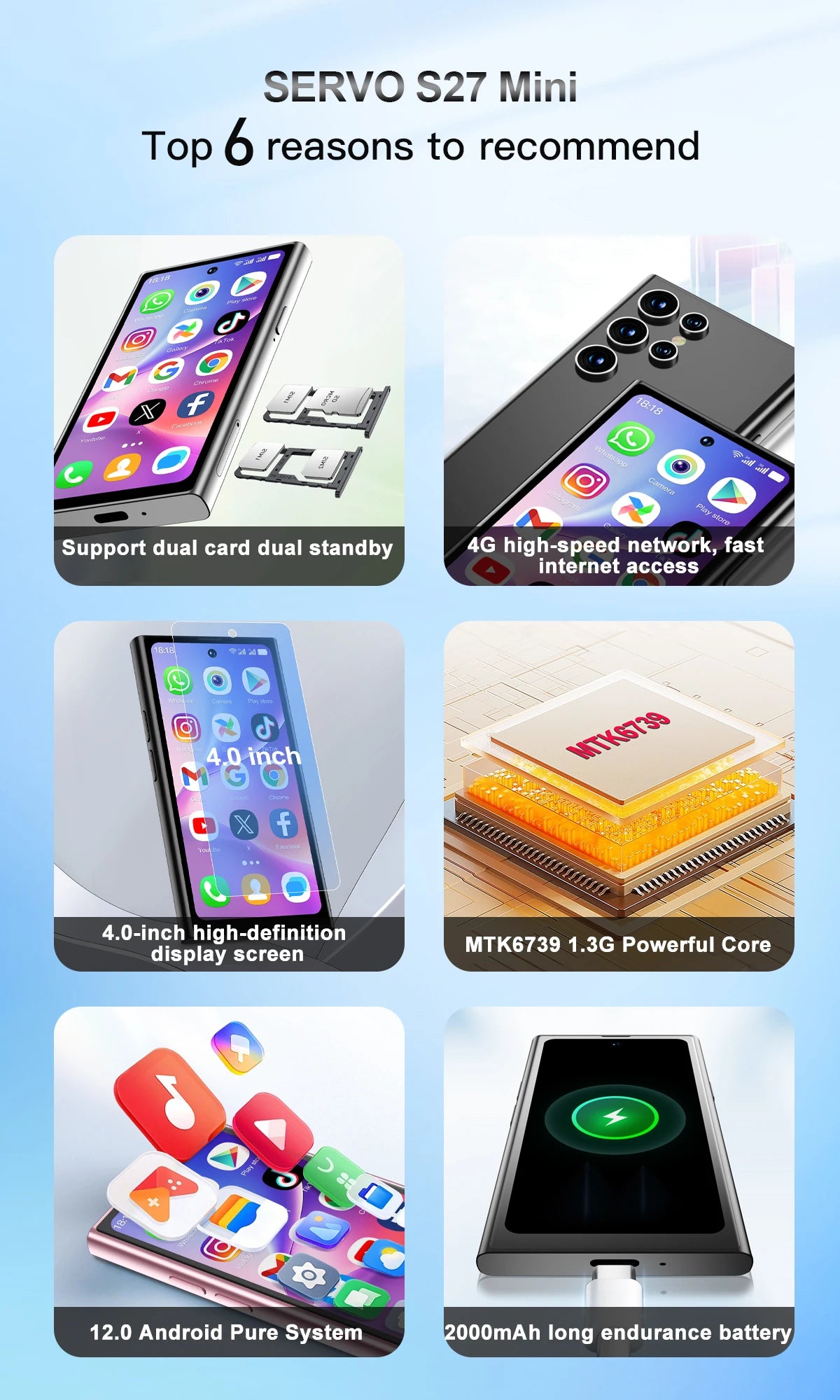 SERVO S27 MINI teléfono inteligente pequeño 4G LTE Android 12,0 OS 3GB + 64GB APP Store GPS 4,0 "pantalla completa de bolsillo teléfonos inteligentes 2 SIM en espera