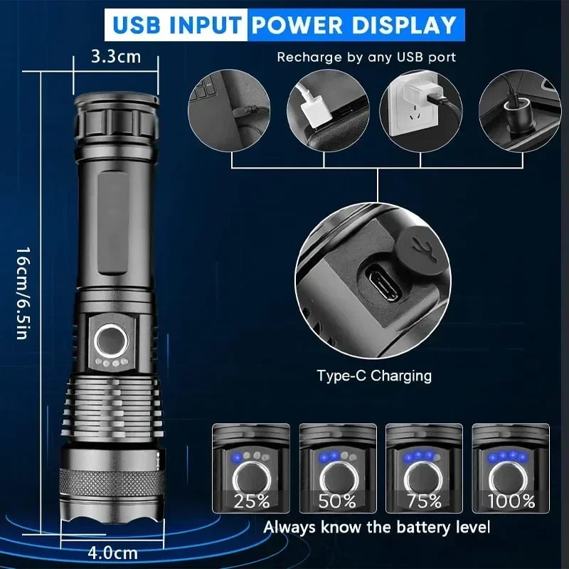 Linternas recargables, linterna táctica LED de alta potencia, linterna de caza portátil superbrillante para senderismo de emergencia
