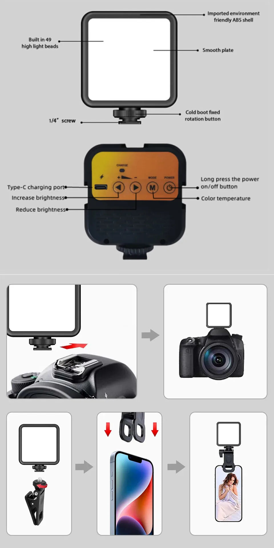 Luz LED con Clip para vídeo, fotografía portátil en cámara, iluminación bicolor de 3000K-7000K, zapata fría para cámara DSLR, videocámara Gopro Vlog