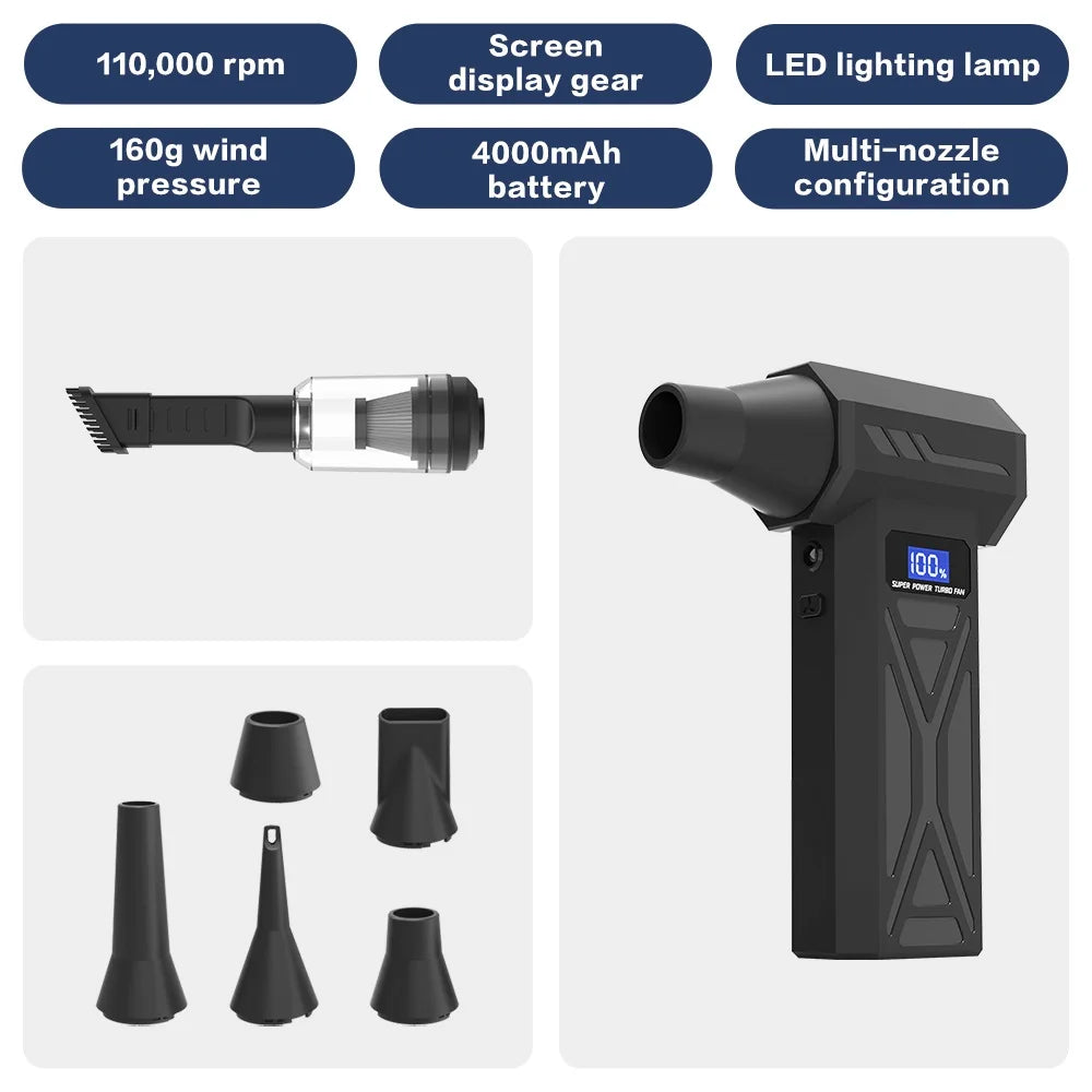 Potente soplador de aire de 110000Rpm, soplador de chorro Turbo ajustable de 4 engranajes con pantalla de batería de luz Led, plumero de aire comprimido inalámbrico