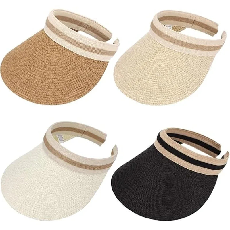 Sombrero de Paja para Mujer con Ala Ancha, Protección UV, Visera de Playa para Verano con Orificio para Cola de Caballo, para Golf, Viajes y Actividades al Aire Libre