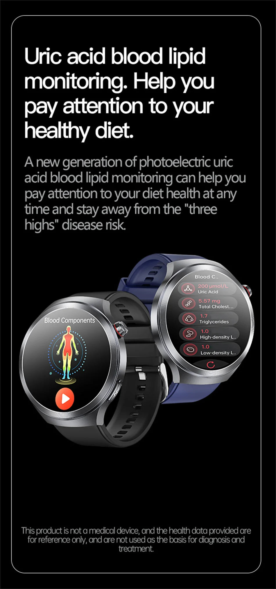 Nuevo Reloj Inteligente con Pantalla de Cristal de Zafiro de 1.73 Pulgadas, Monitor de Salud, Ácido Úrico, Grasa en Sangre, Presión Arterial, ECG+PPG, Análisis Corporal, para Hombre