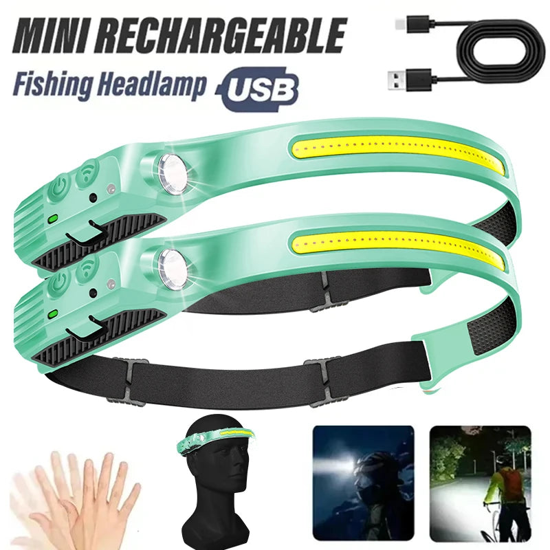 Linterna Frontal LED COB Recargable con Sensor de Movimiento, 5 Modos