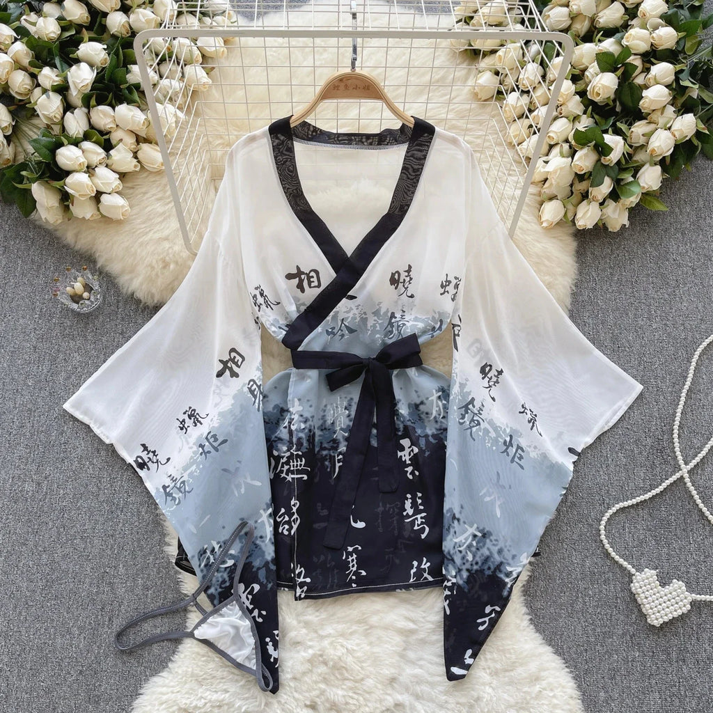 Albornoz de una pieza con estampado de Kimono japonés para mujer, ropa de dormir Sexy, Pijamas informales de manga holgada, conjuntos de bata