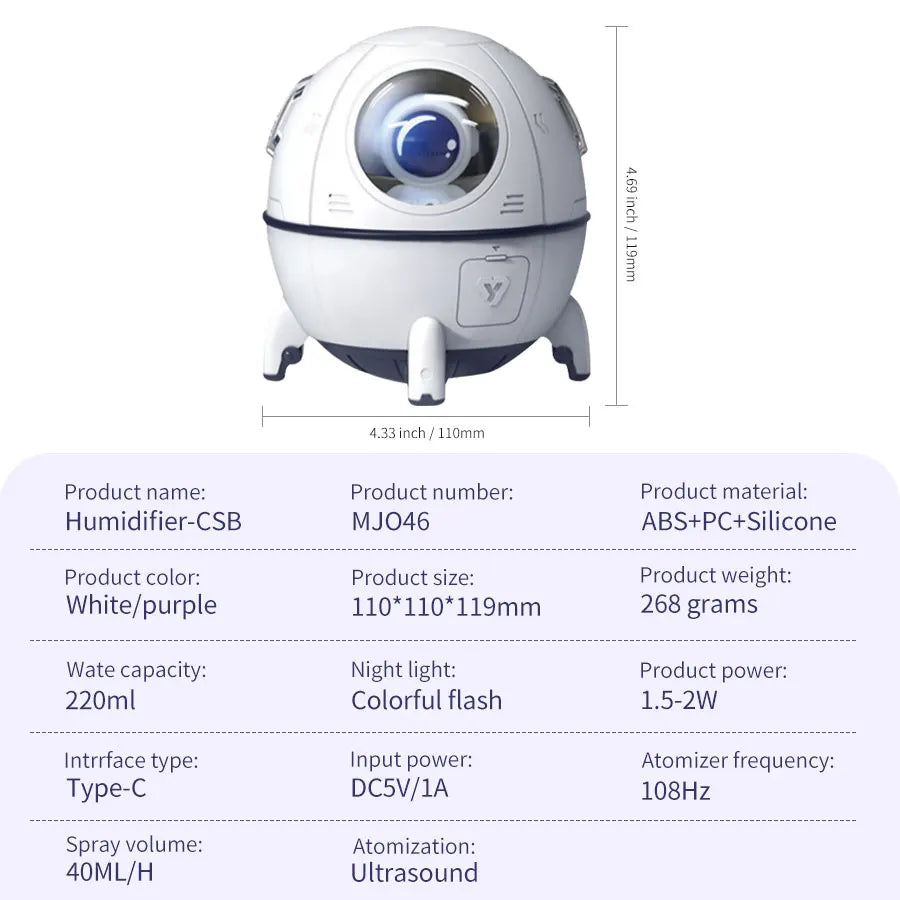 Luz LED Nocturna Humidificador Cápsula Espacial